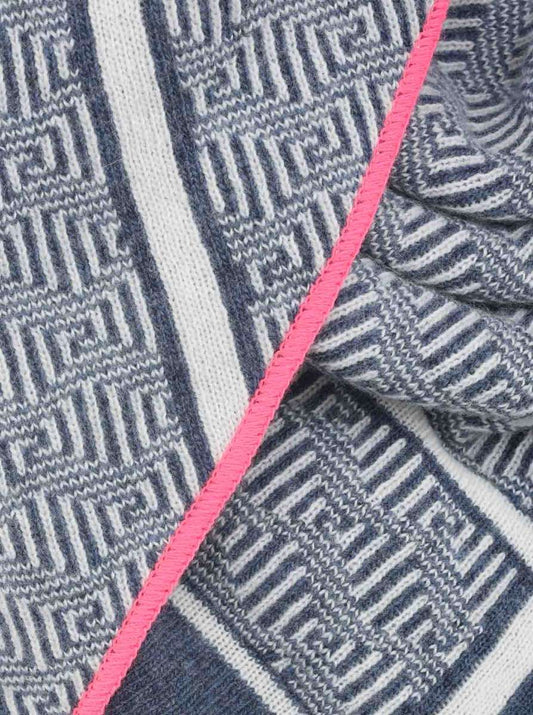 💕 Zwillingsherz Dreieckstuch "Labyrinth Story" mit Kaschmir Blau mit Rand Pink