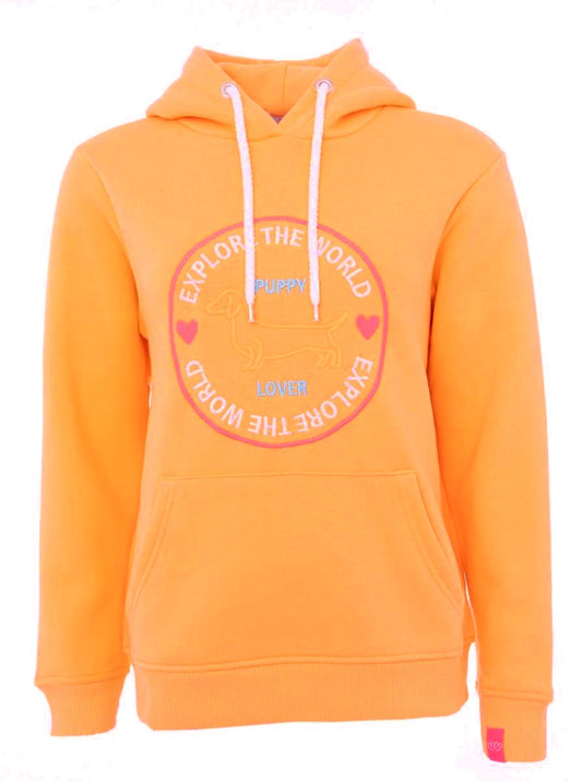 💕 Zwillingsherz Hoodie Sweatshirt "Explore the world" Sweater Baumwolle Neonkoralle