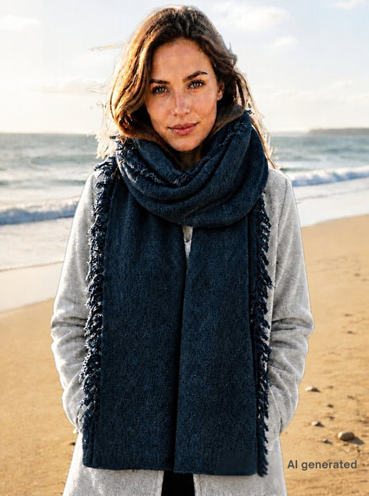 💕 Zwillingsherz XXL "Fransenschal" 100 % Cashmere Schal Stola Kaschmir Navy
