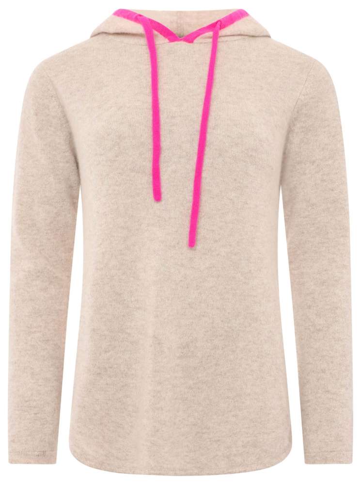 💕 Zwillingsherz Pullover Pulli Hoodie 100 % Kaschmir "Neon Kante" Kapuze Hellbeige Pink