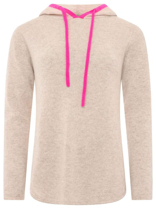 💕 Zwillingsherz Pullover Pulli Hoodie 100 % Kaschmir "Neon Kante" Kapuze Hellbeige Pink