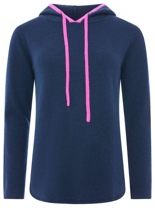 💕 Zwillingsherz Pullover Pulli Hoodie 100 % Kaschmir "Neon Kante" Kapuze Navy