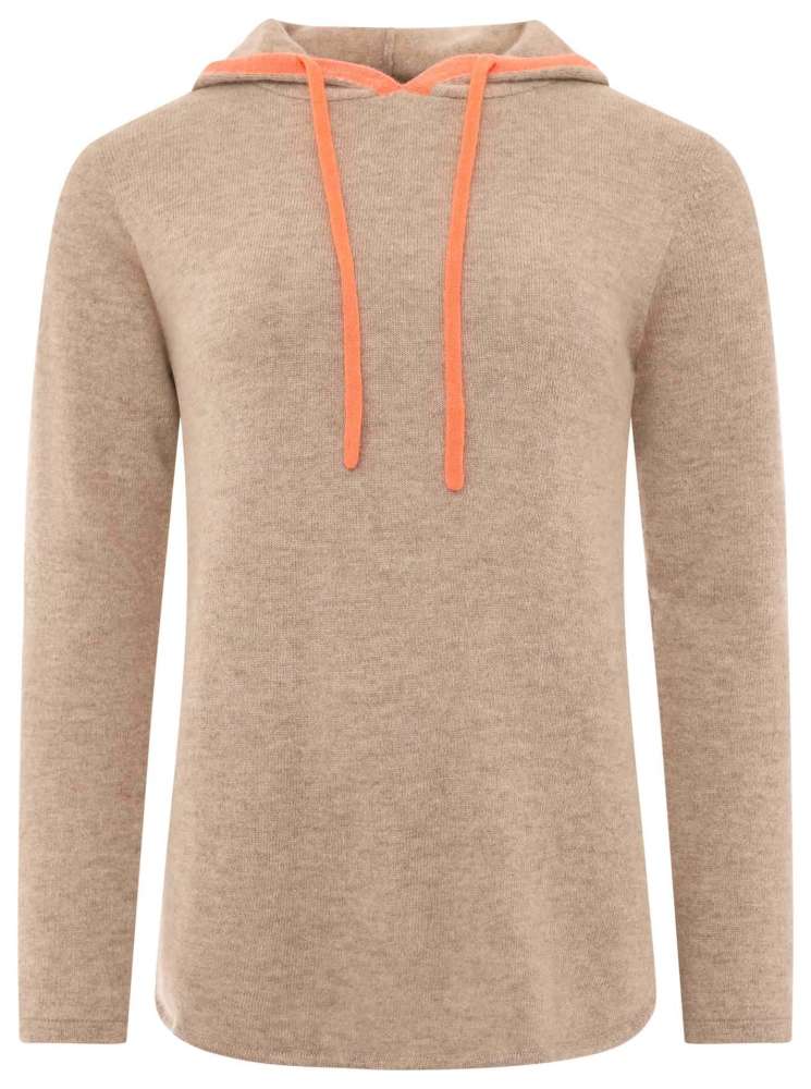 💕 Zwillingsherz Pullover Pulli Hoodie 100 % Kaschmir "Neon Kante" Kapuze Mittelbeige Orange