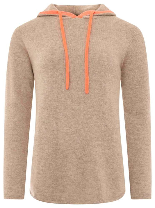 💕 Zwillingsherz Pullover Pulli Hoodie 100 % Kaschmir "Neon Kante" Kapuze Mittelbeige Orange