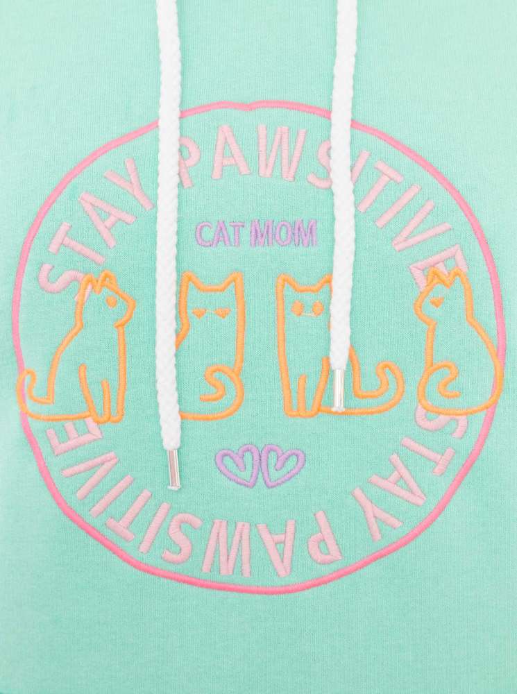💕 Zwillingsherz Hoodie Sweatshirt "Cat Mom" Sweater Baumwolle Türkis