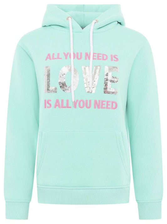 💕 Zwillingsherz Hoodie Sweatshirt "Paillette Love is all you need" Sweater Baumwolle Mint