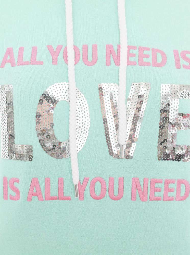 💕 Zwillingsherz Hoodie Sweatshirt "Paillette Love is all you need" Sweater Baumwolle Mint