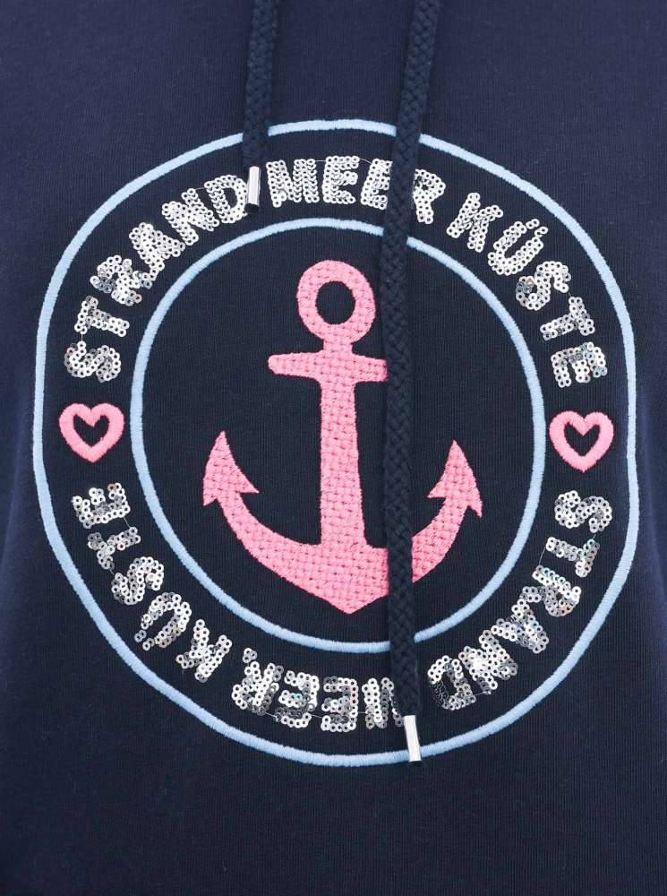 💕 Zwillingsherz Hoodie Sweatshirt "Paillette Strand Meer" Sweater Baumwolle Navy