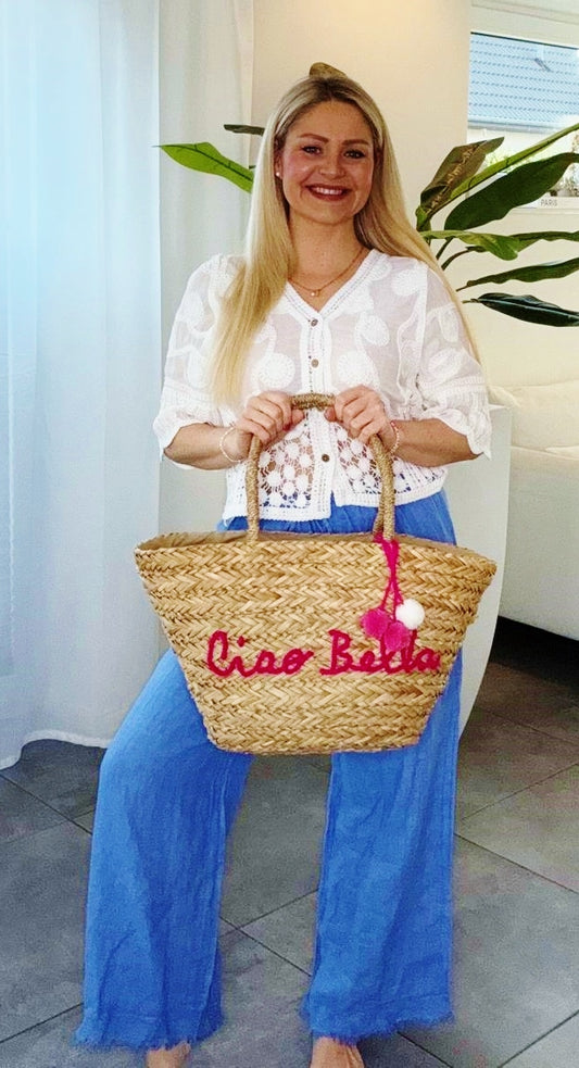 💕 Zwillingsherz Tasche Strandtasche "Ciao Bella" Korb Strohtasche Pink