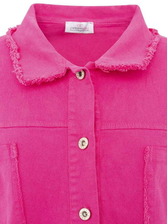 💕 Zwillingsherz Jeansjacke "Fransen & Uni" Hemdbluse Baumwolle Pink