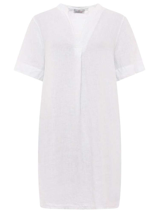 💕 Zwillingsherz Tunika Kleid 100 % Leinen "V-Ausschnitt" Weiß