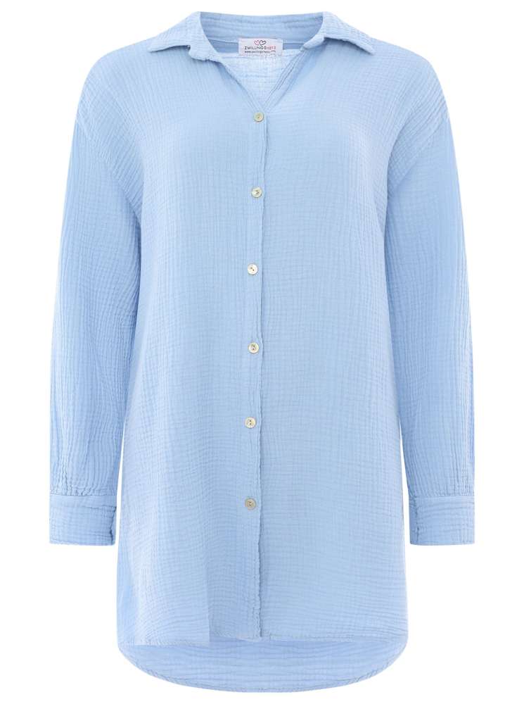 💕 Zwillingsherz Bluse "Rebecca" Longbluse Musselin 100 % Baumwolle Hellblau