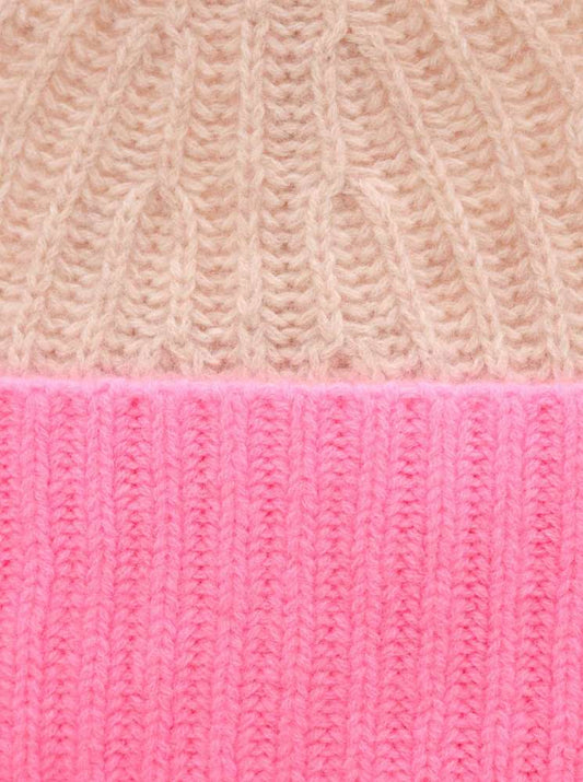 💕 Zwillingsherz Grobstrick Mütze "Zweifarbig" 100 % Kaschmir Hellbeige Bubblegum