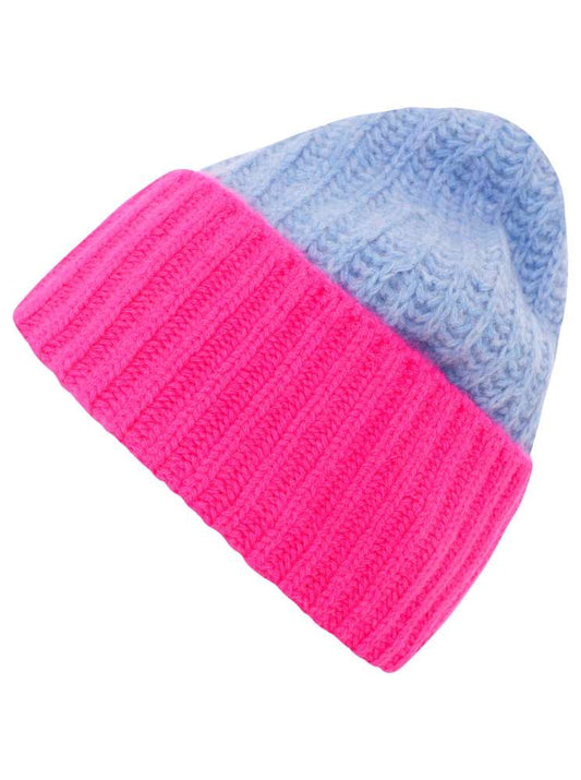 💕 Zwillingsherz Grobstrick Mütze "Zweifarbig" 100 % Kaschmir Hellblau Neonpink