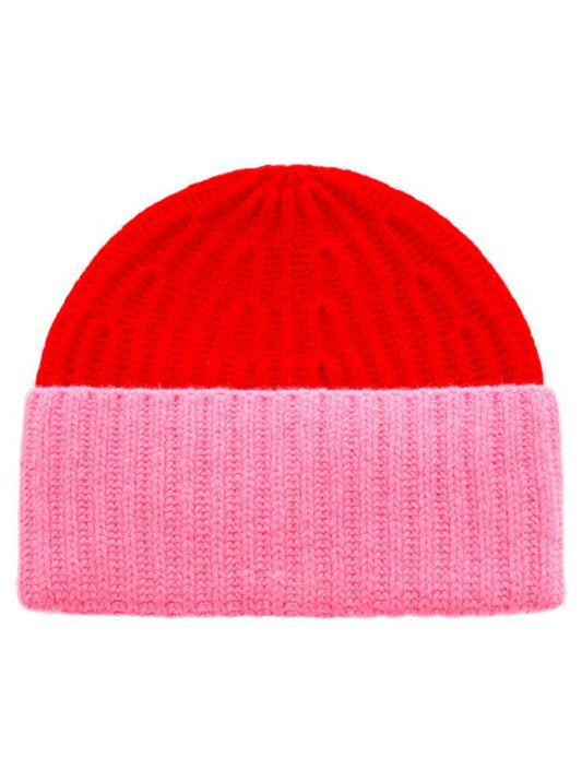 💕 Zwillingsherz Grobstrick Mütze "Zweifarbig" 100 % Kaschmir Rot Bubblegum