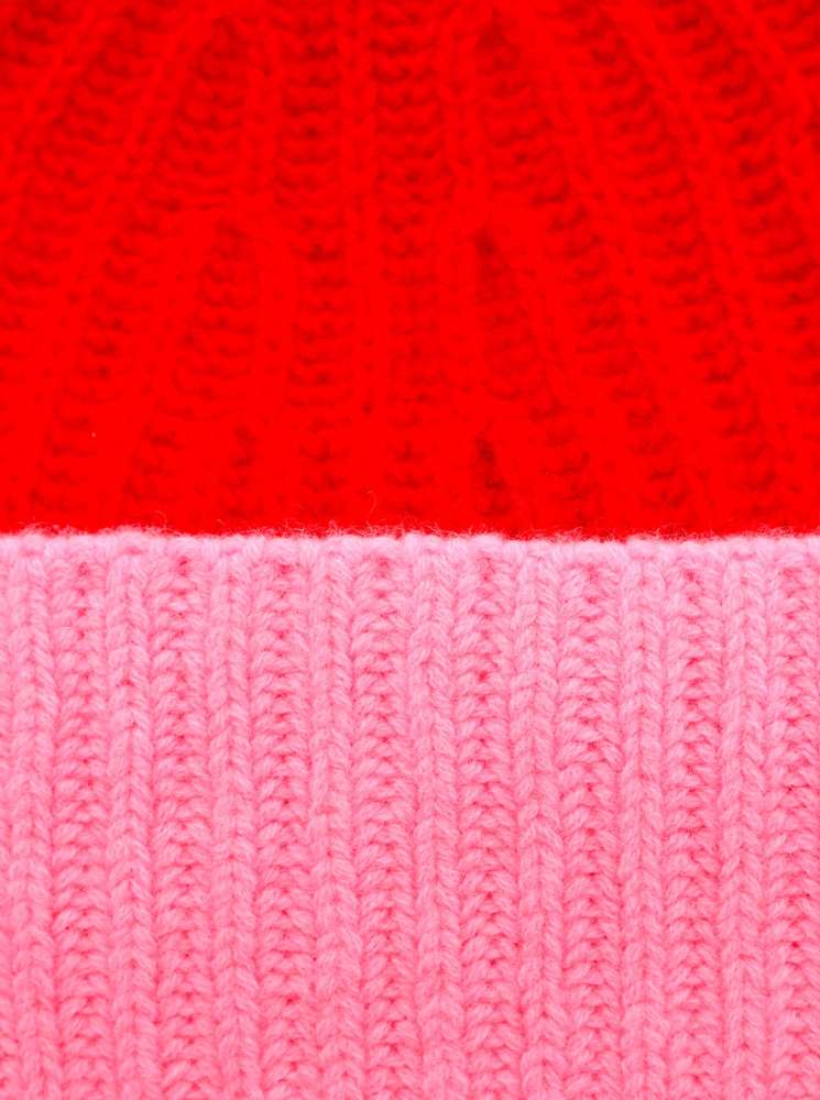 💕 Zwillingsherz Grobstrick Mütze "Zweifarbig" 100 % Kaschmir Rot Bubblegum