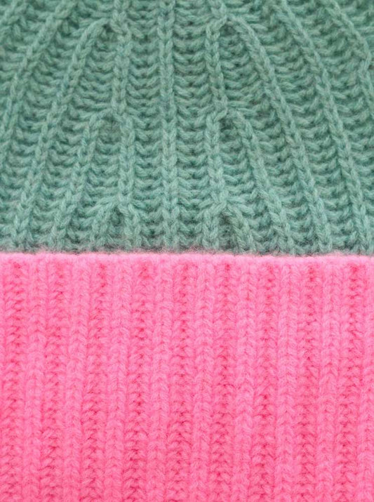 💕 Zwillingsherz Grobstrick Mütze "Zweifarbig" 100 % Kaschmir Salbei Bubblegum