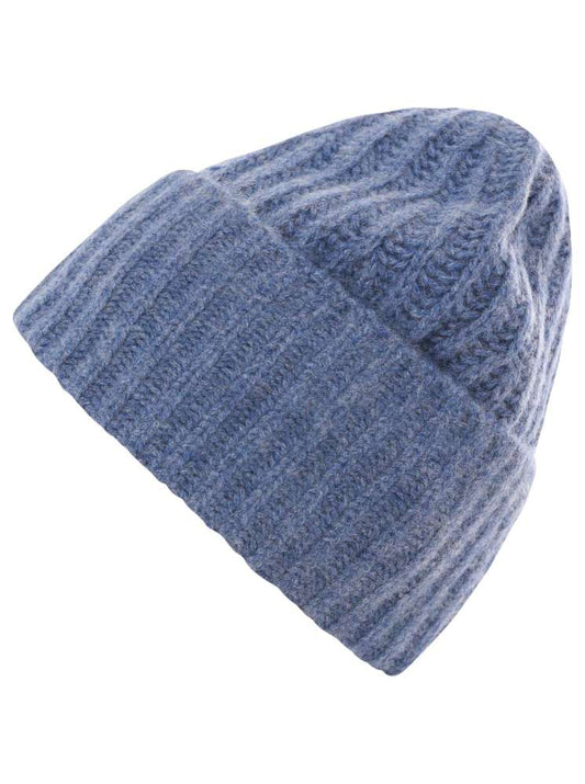 💕 Zwillingsherz Mütze Ribbon Beanie Herren "Luxus" 100 % Kaschmir Gerippt Jeansblau