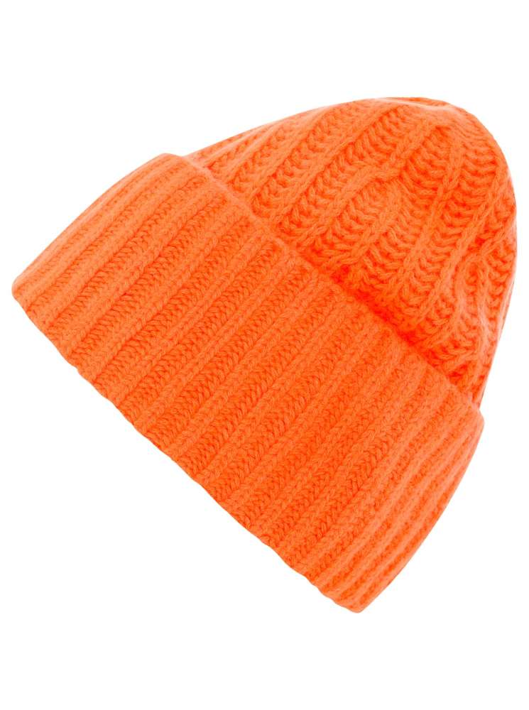 💕 Zwillingsherz Mütze Ribbon Beanie "Luxus" 100 % Kaschmir Gerippt Neonorange