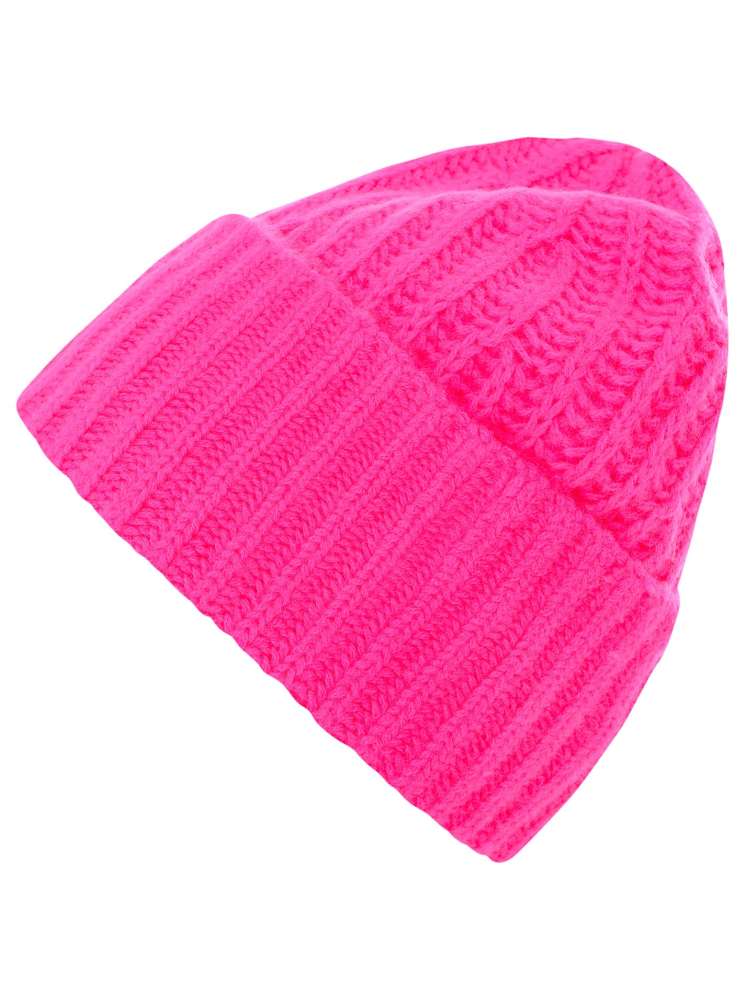 💕 Zwillingsherz Mütze Ribbon Beanie "Luxus" 100 % Kaschmir Gerippt Neonpink