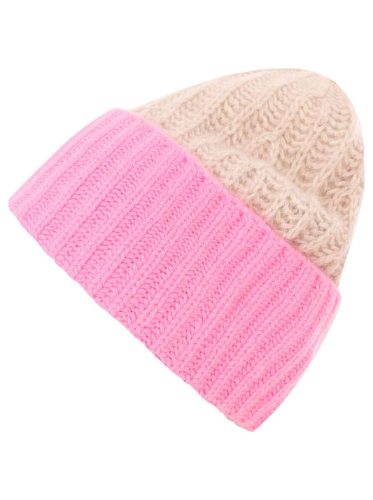 💕 Zwillingsherz Grobstrick Mütze "Zweifarbig" 100 % Kaschmir Hellbeige Bubblegum