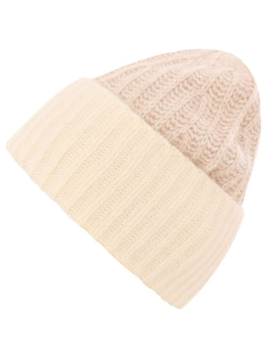 💕 Zwillingsherz Grobstrick Mütze "Zweifarbig" 100 % Kaschmir Hellbeige Wollweiß