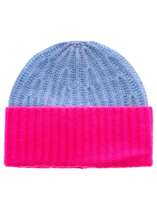 💕 Zwillingsherz Grobstrick Mütze "Zweifarbig" 100 % Kaschmir Hellblau Neonpink
