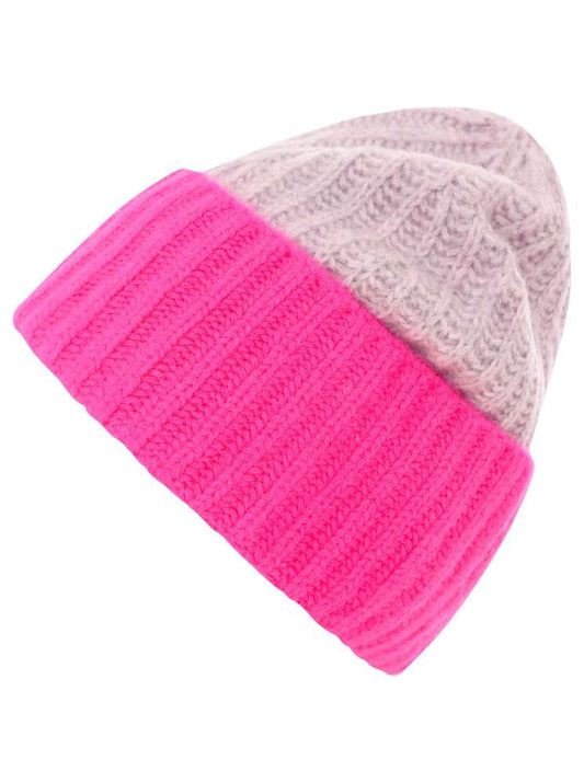 💕 Zwillingsherz Grobstrick Mütze "Zweifarbig" 100 % Kaschmir Hellgrau Neonpink