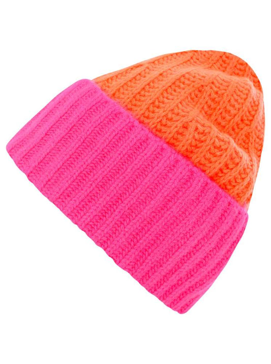 💕 Zwillingsherz Grobstrick Mütze "Zweifarbig" 100 % Kaschmir Neonorange Neonpink