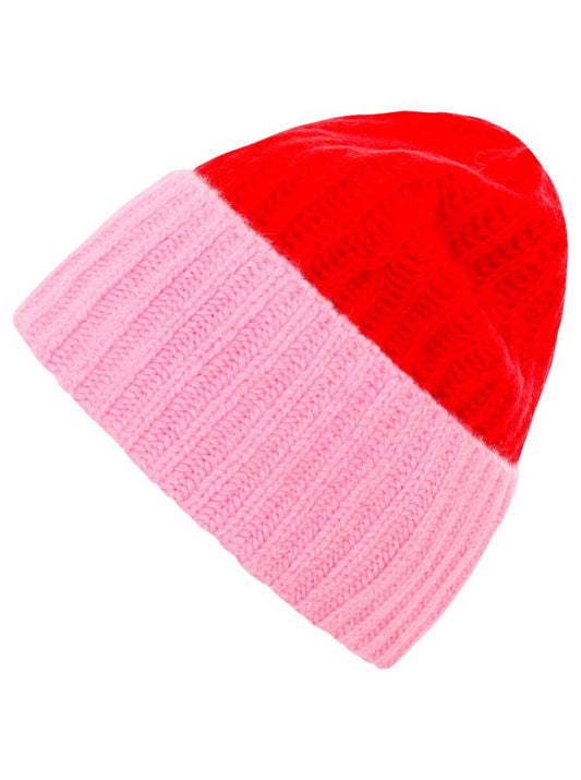 💕 Zwillingsherz Grobstrick Mütze "Zweifarbig" 100 % Kaschmir Rot Bubblegum