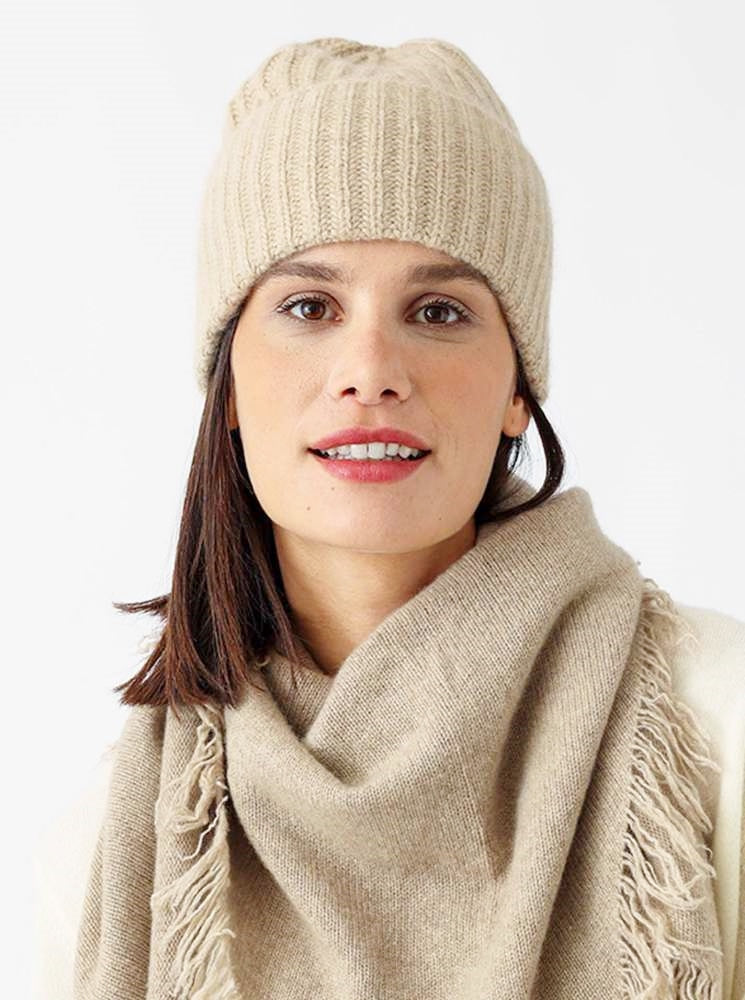 💕 Zwillingsherz Mütze Ribbon Beanie "Luxus" 100 % Kaschmir Gerippt Hellbeige