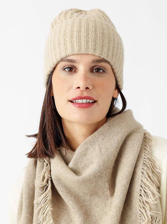💕 Zwillingsherz Mütze Ribbon Beanie "Luxus" 100 % Kaschmir Gerippt Hellbeige