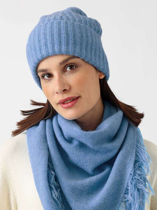 💕 Zwillingsherz Mütze Ribbon Beanie "Luxus" 100 % Kaschmir Gerippt Jeansblau