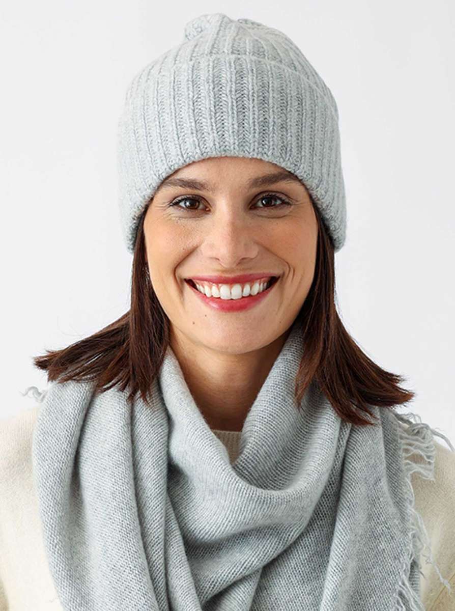 💕 Zwillingsherz Mütze Ribbon Beanie "Luxus" 100 % Kaschmir Gerippt Hellgrau