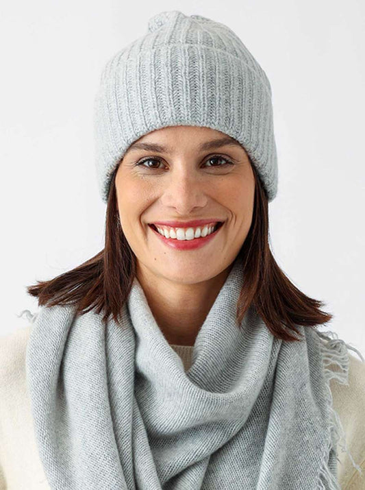 💕 Zwillingsherz Mütze Ribbon Beanie "Luxus" 100 % Kaschmir Gerippt Hellgrau