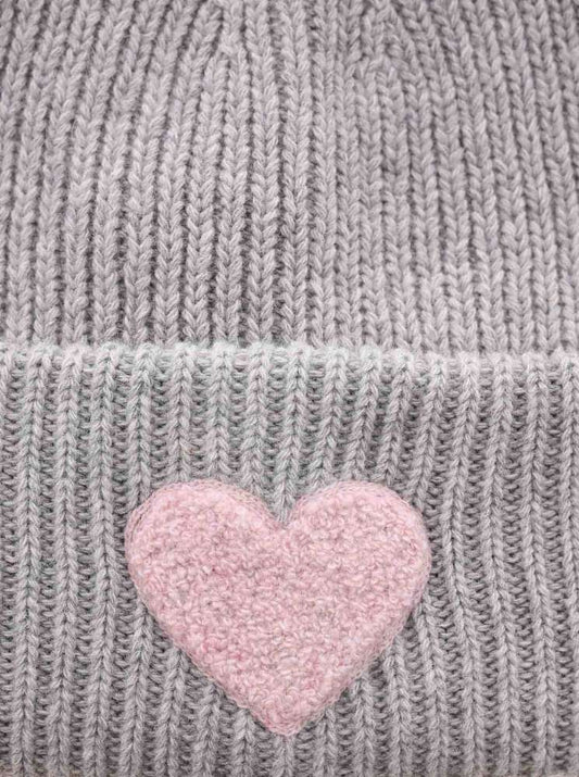 💕 Zwillingsherz Mütze "Herzchen" Kaschmir Wolle Viskose nachhaltig Hellgrau-Rosa