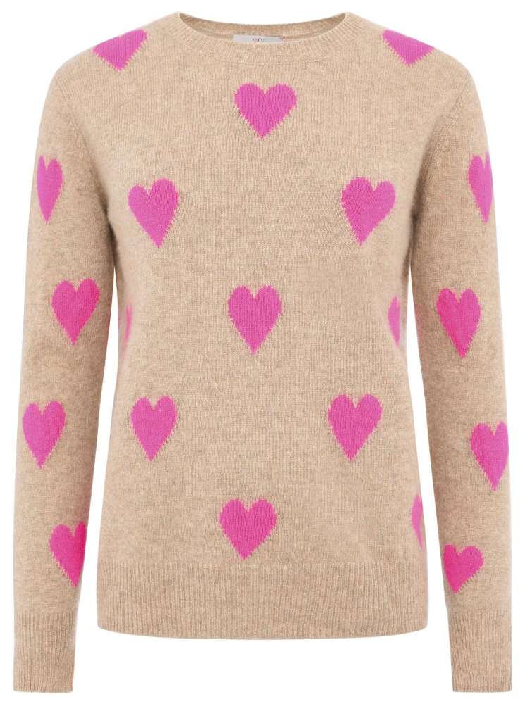 💕 Zwillingsherz Pullover Pulli "Multiherz" 100 % Kaschmir Hellbeige Neonpink