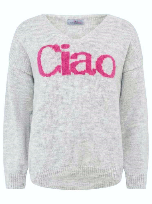 💕 Zwillingsherz Oversized Strick Pullover "Ciao" Hellgrau