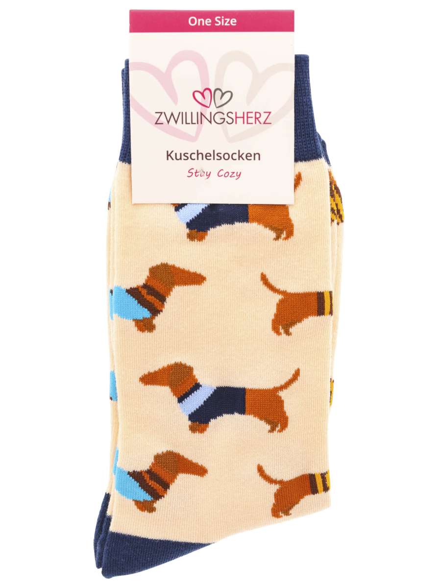 💕 Zwillingsherz Socken "Dackel-Print" Beige Navy