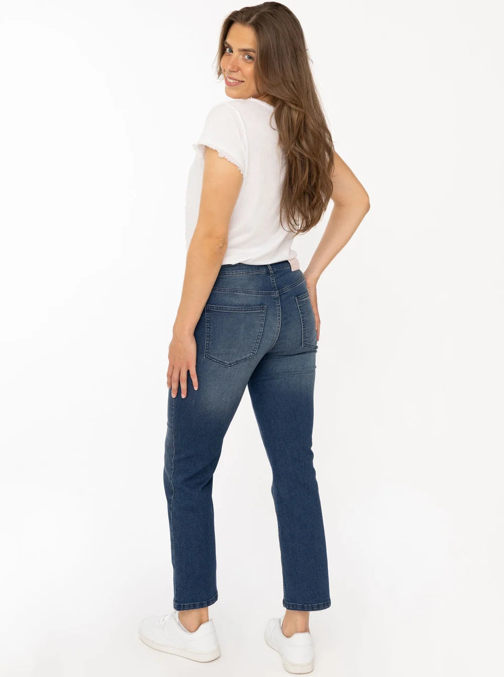 💕 Zwillingsherz Stretch Jeans mit leichtem Flared Mittelblau