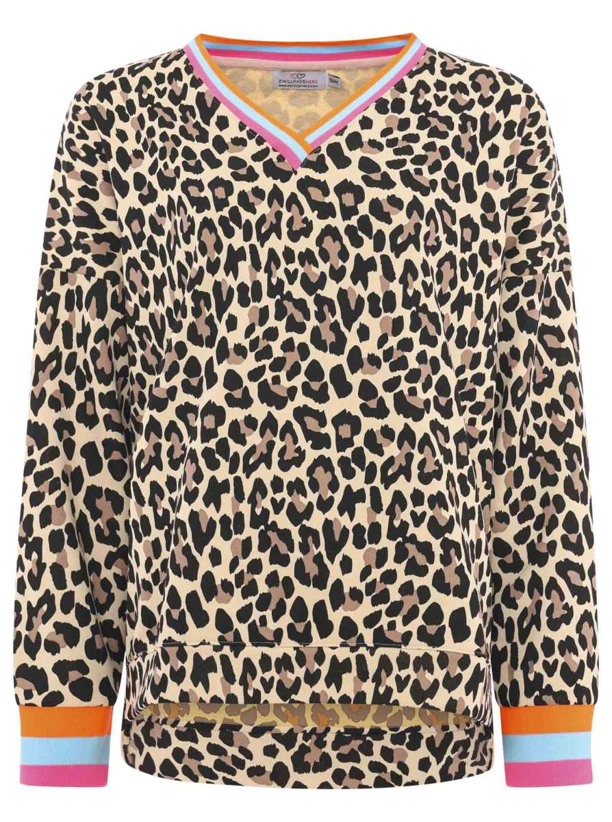 💕 Zwillingsherz Sweatshirt "Leo Allover Neon Kante" Sweater Baumwolle Beige Türkis