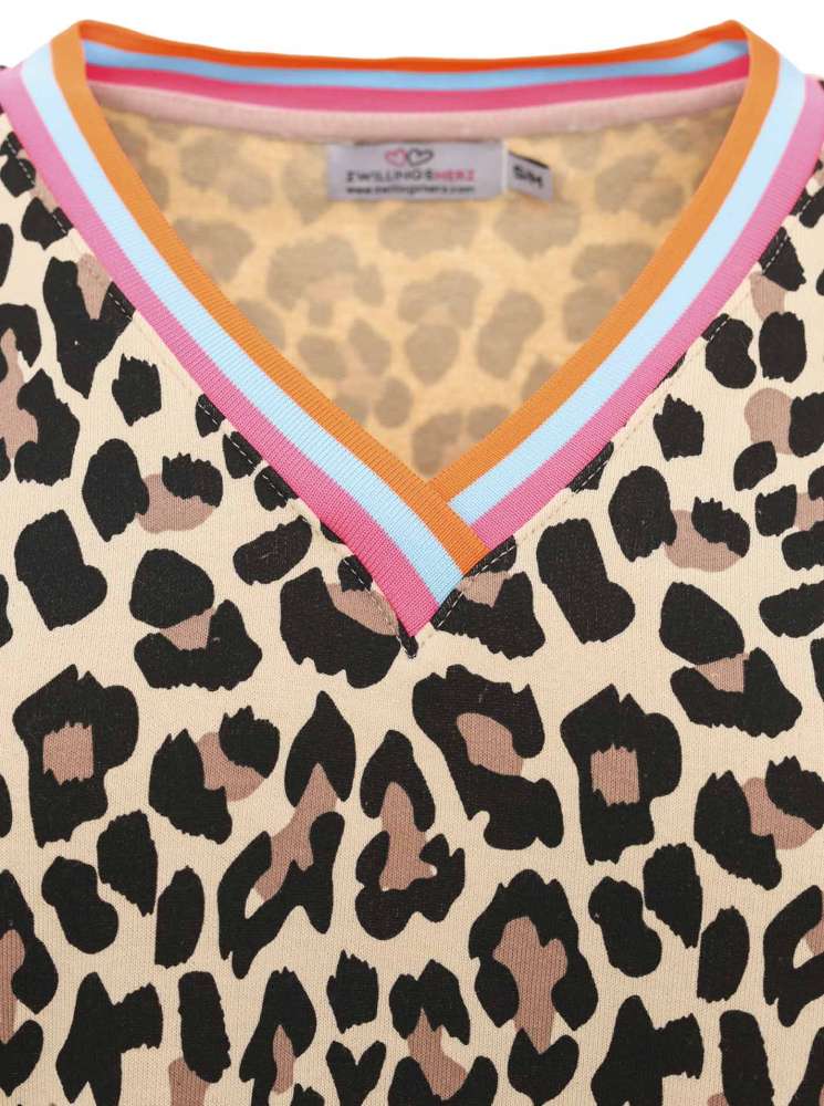 💕 Zwillingsherz Sweatshirt "Leo Allover Neon Kante" Sweater Baumwolle Beige Türkis