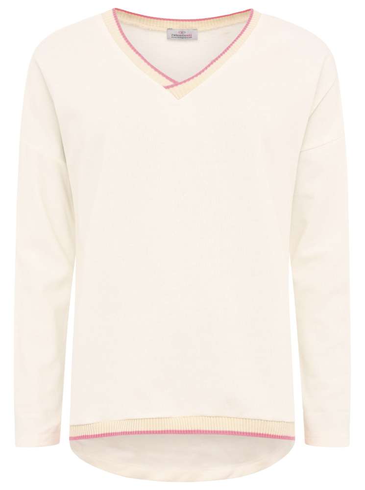 💕 Zwillingsherz Sweatshirt V-Neck Pullover "Neon Kante" Sweater Weiß