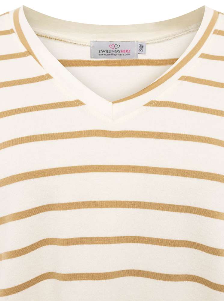 💕 Zwillingsherz Sweatshirt "Kleine Streifen" Sweater V-Neck Beige