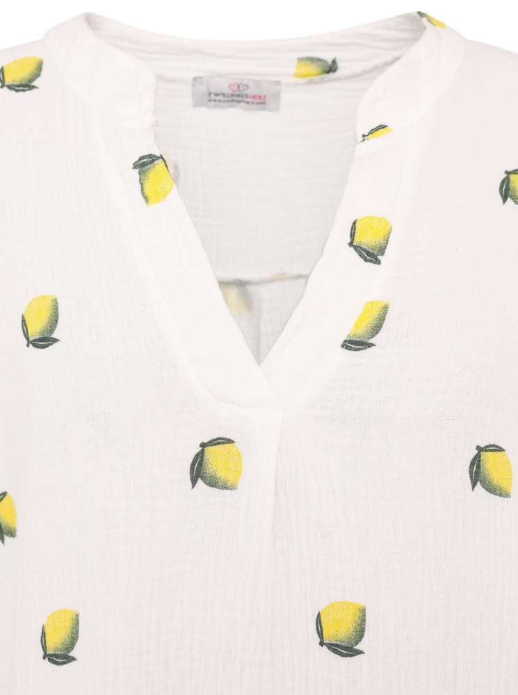 💕 Zwillingsherz Tunika Bluse Musselin "Rom Zitrone" Weiß