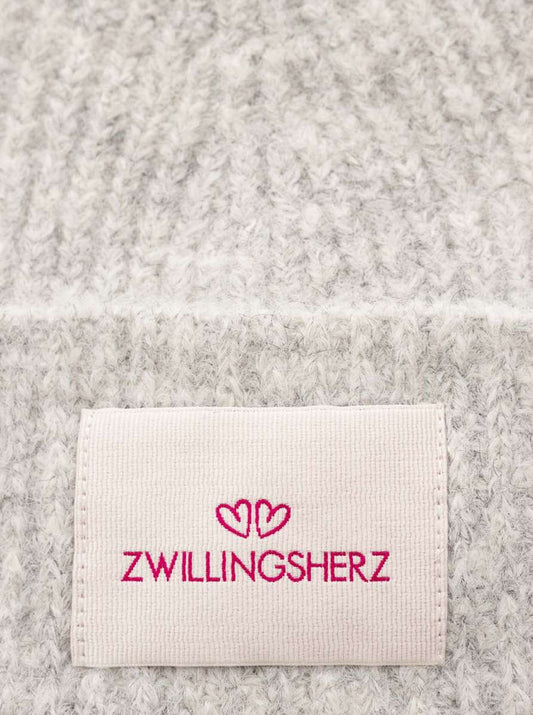 💕 Zwillingsherz Mütze Umschlagmütze "Zwillingsherz Patch" Wolle gerippt Hellgrau