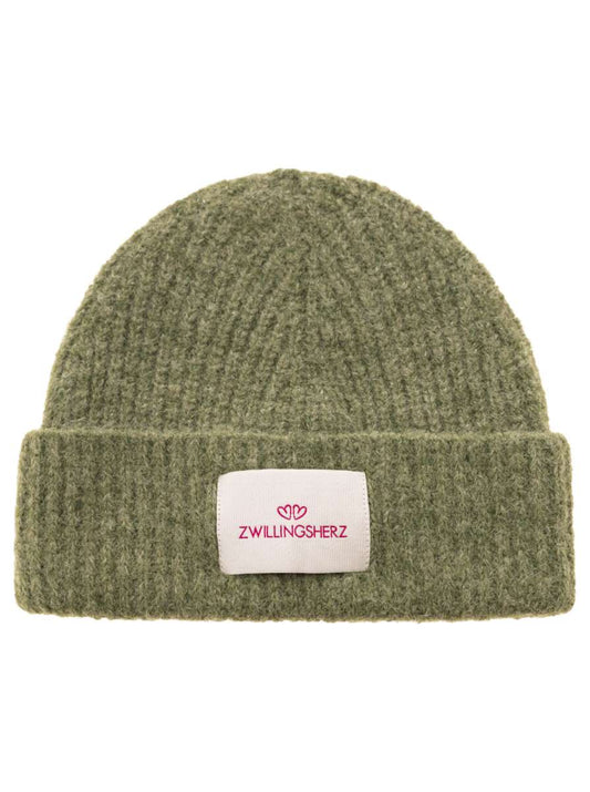 💕 Zwillingsherz Mütze Umschlagmütze "Zwillingsherz Patch" Wolle gerippt Khaki
