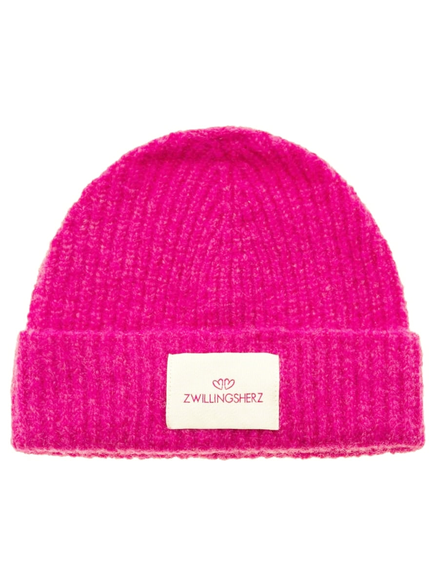 💕 Zwillingsherz Mütze Umschlagmütze "Zwillingsherz Patch" Wolle gerippt Pink