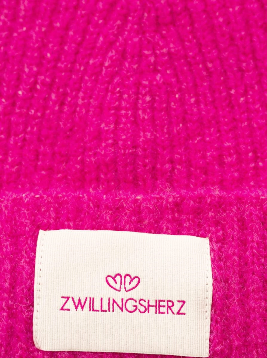 💕 Zwillingsherz Mütze Umschlagmütze "Zwillingsherz Patch" Wolle gerippt Pink