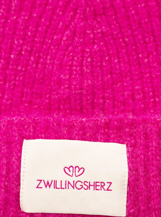 💕 Zwillingsherz Mütze Umschlagmütze "Zwillingsherz Patch" Wolle gerippt Pink